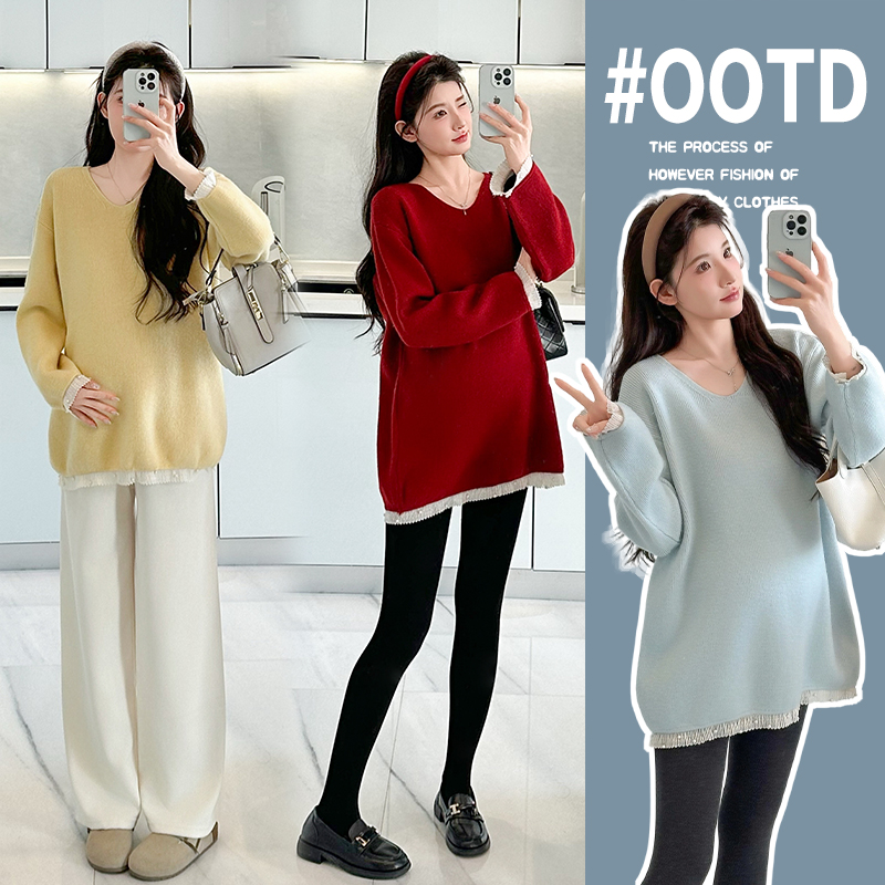 孕妇装秋冬韩版设计感蕾丝拼接假两件V领上衣洋气百搭中长款毛衣