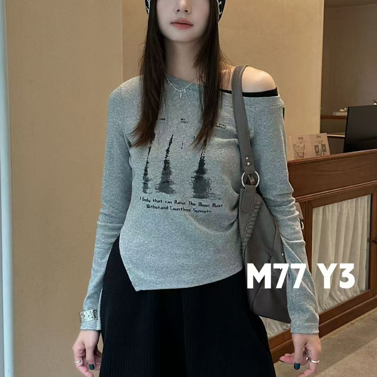M77Y3正品88358长袖T恤女2025秋季不规则上衣低圆领收腰显瘦打底