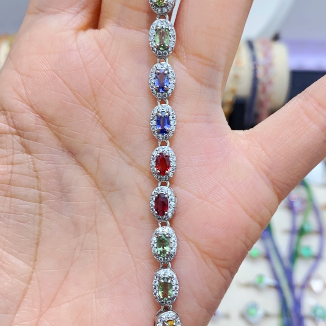彩色蓝宝石手链银S925镶嵌