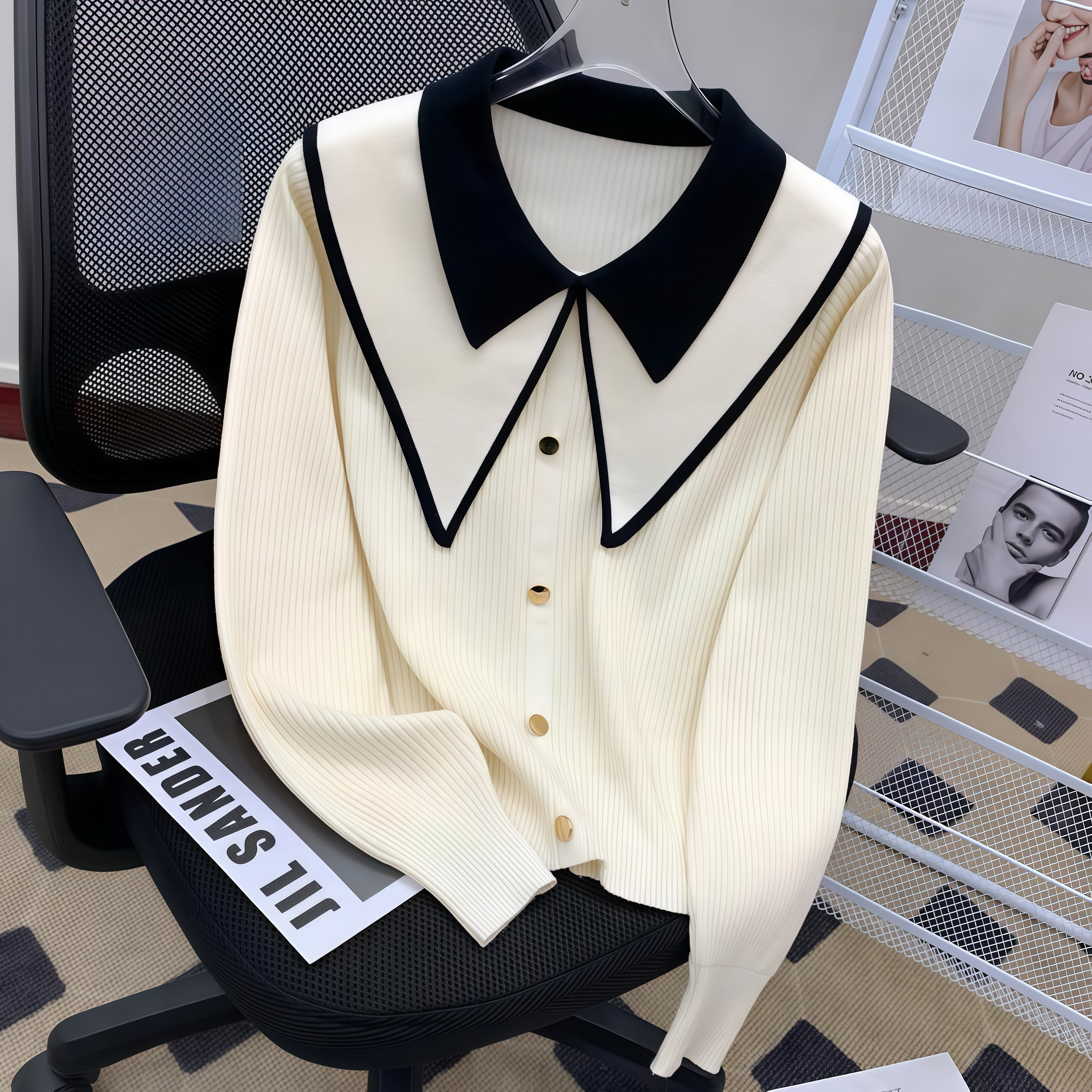 2025新款撞色上衣打底毛针织衫娃娃长袖包袖翻领减龄娃娃领针织