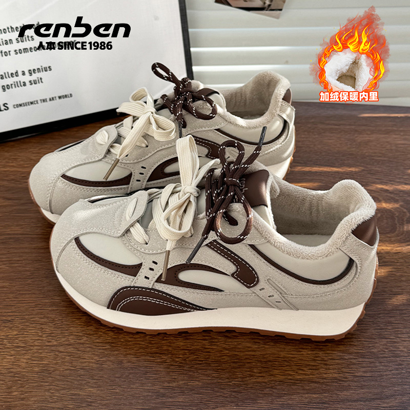 人本秋季新款加绒加厚鞋子系带运动时尚休闲鞋跑步阔腿裤必备鞋女