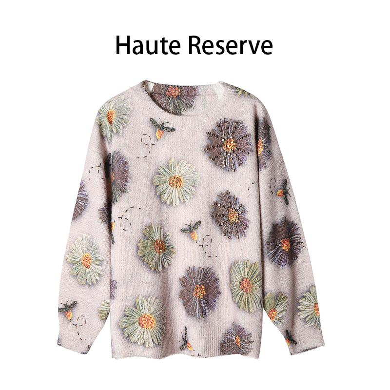 【巴黎时装款】高端5D太阳花立体印花重工烫钻水貂绒轻奢毛衣skp