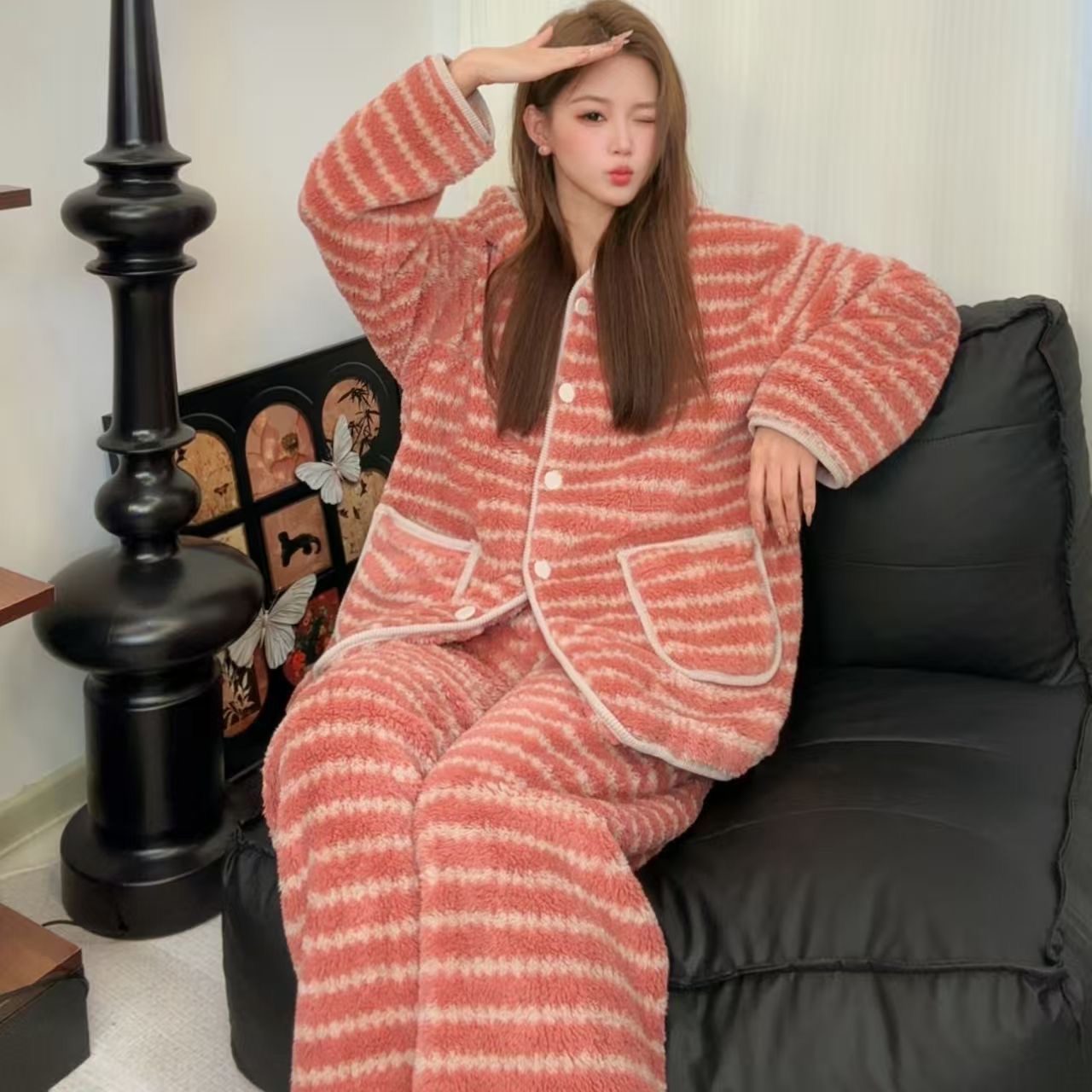 连帽小香风家居服家居服套装保暖睡衣加绒加厚粉色宽松条纹时尚