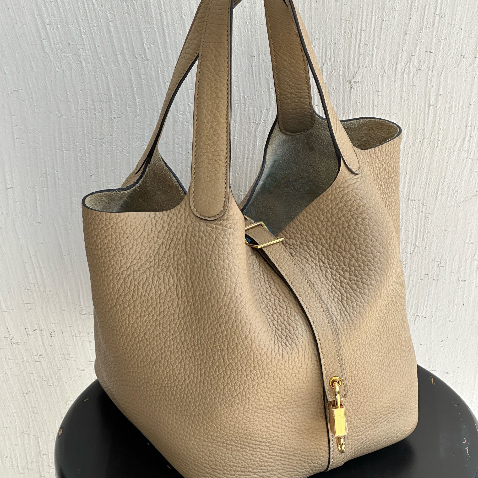 99新 Hermes/爱马仕 水桶 菜篮子22 风衣灰金扣 z刻 tc皮 99新