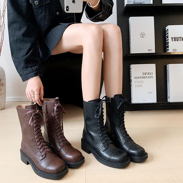 704英伦风马丁靴女春新款美拉德粗跟短靴系带中筒西部牛仔靴