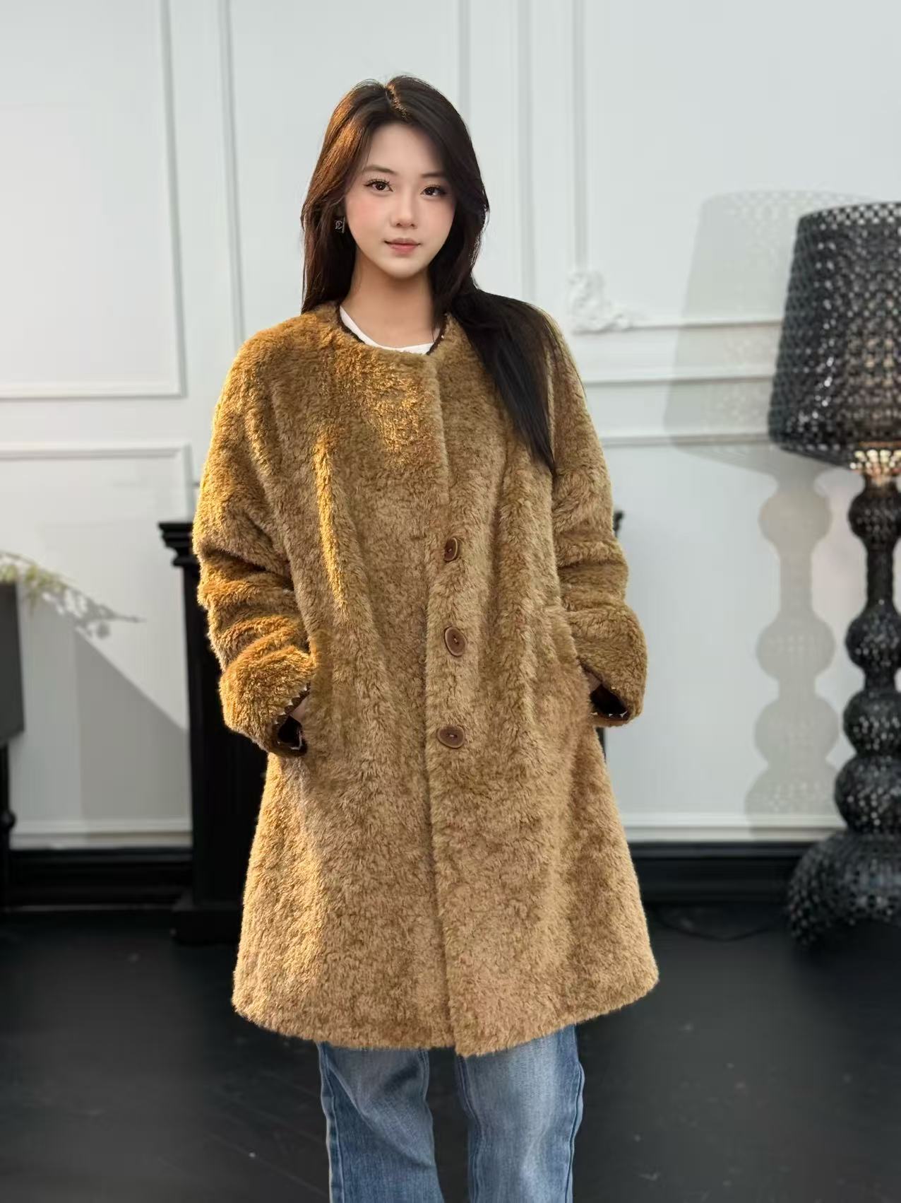 大衣INS风单排扣慵懒风家居服百搭直下摆加厚短外套