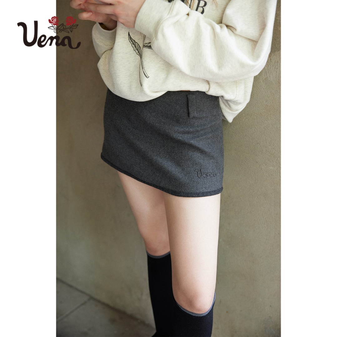 【暗恋诗行】Uena深灰色字母贴布绣A字收腰显瘦短款毛呢半身裙女