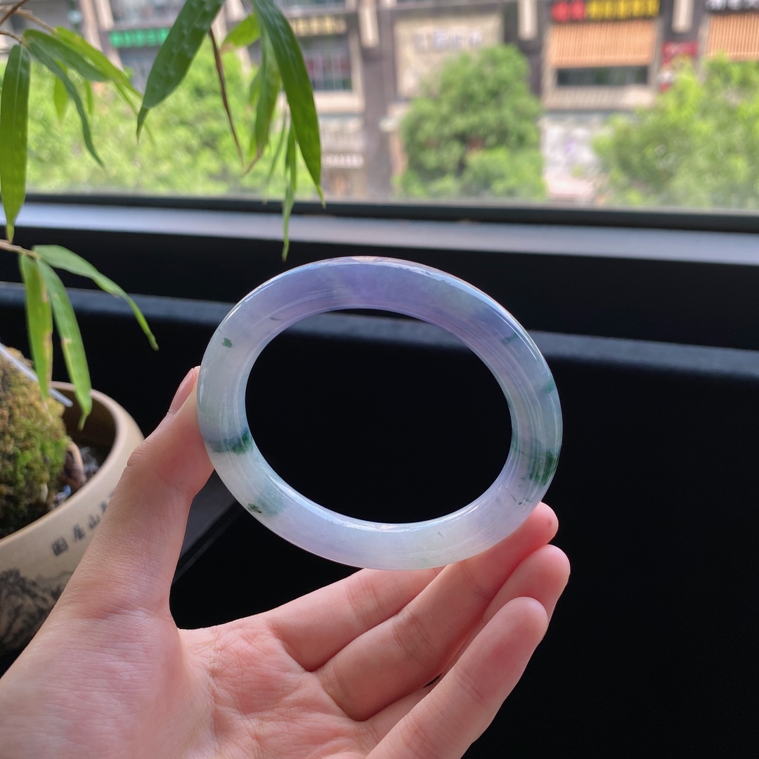 好色珠宝  圈口56缅甸老坑A货细糯种紫罗兰飘花圆条女款翡翠手镯