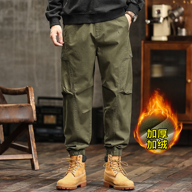 303秋款加绒款美式复古风城市户外，休闲机车风多口袋束脚工装裤