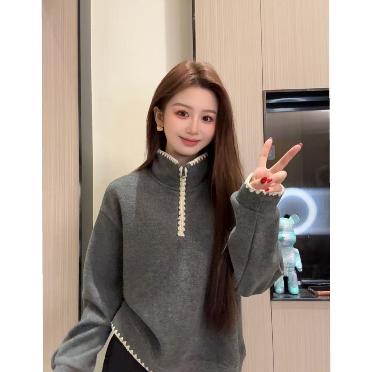 高领半拉链冬季新款时尚卫衣女ins网红拉链加绒