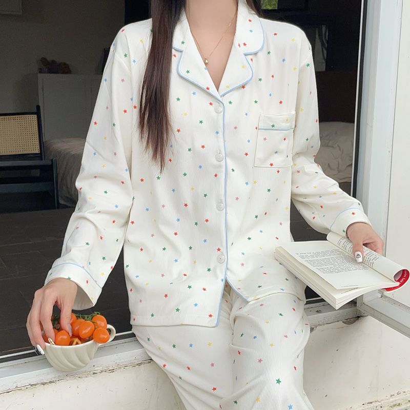 [螺纹德绒】秋冬季新款女波点翻领长袖长裤宽松舒适亲肤家居服睡衣