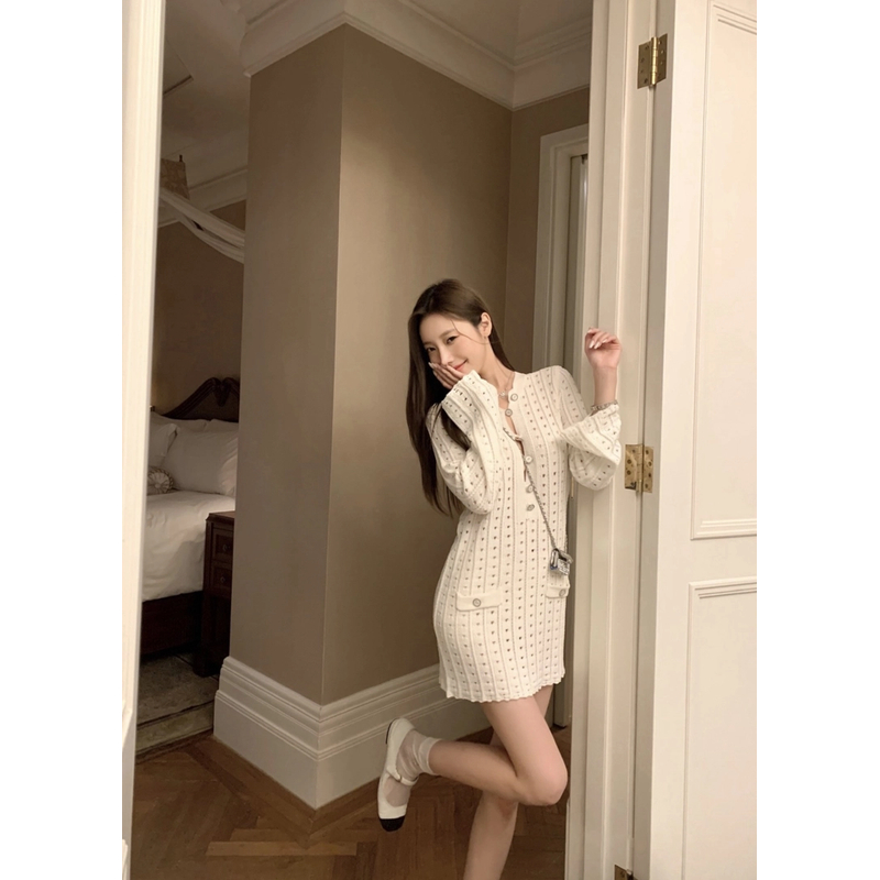 【祖尔美】茉莉奶白定制针织镂空叠绞花设计连衣裙高级感轻奢