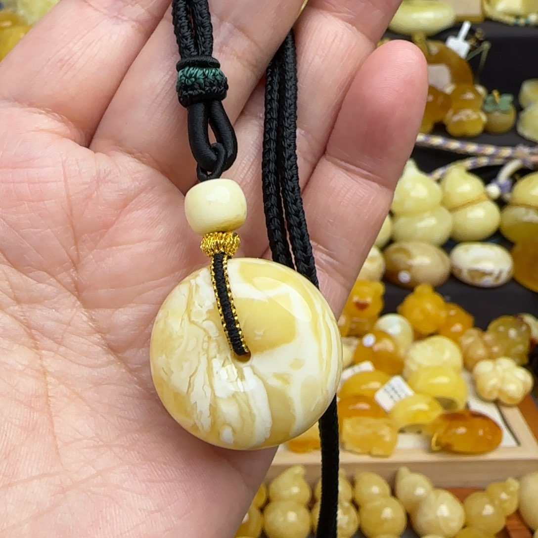 蜜蜡套链未镶嵌天然瓷白妖花蜜蜡平安扣吊坠