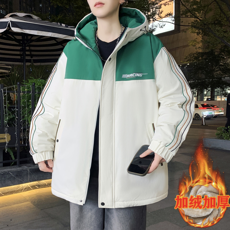 秋冬新款青少年美式设计感撞色加绒加厚夹克宽松有型防寒保暖外套