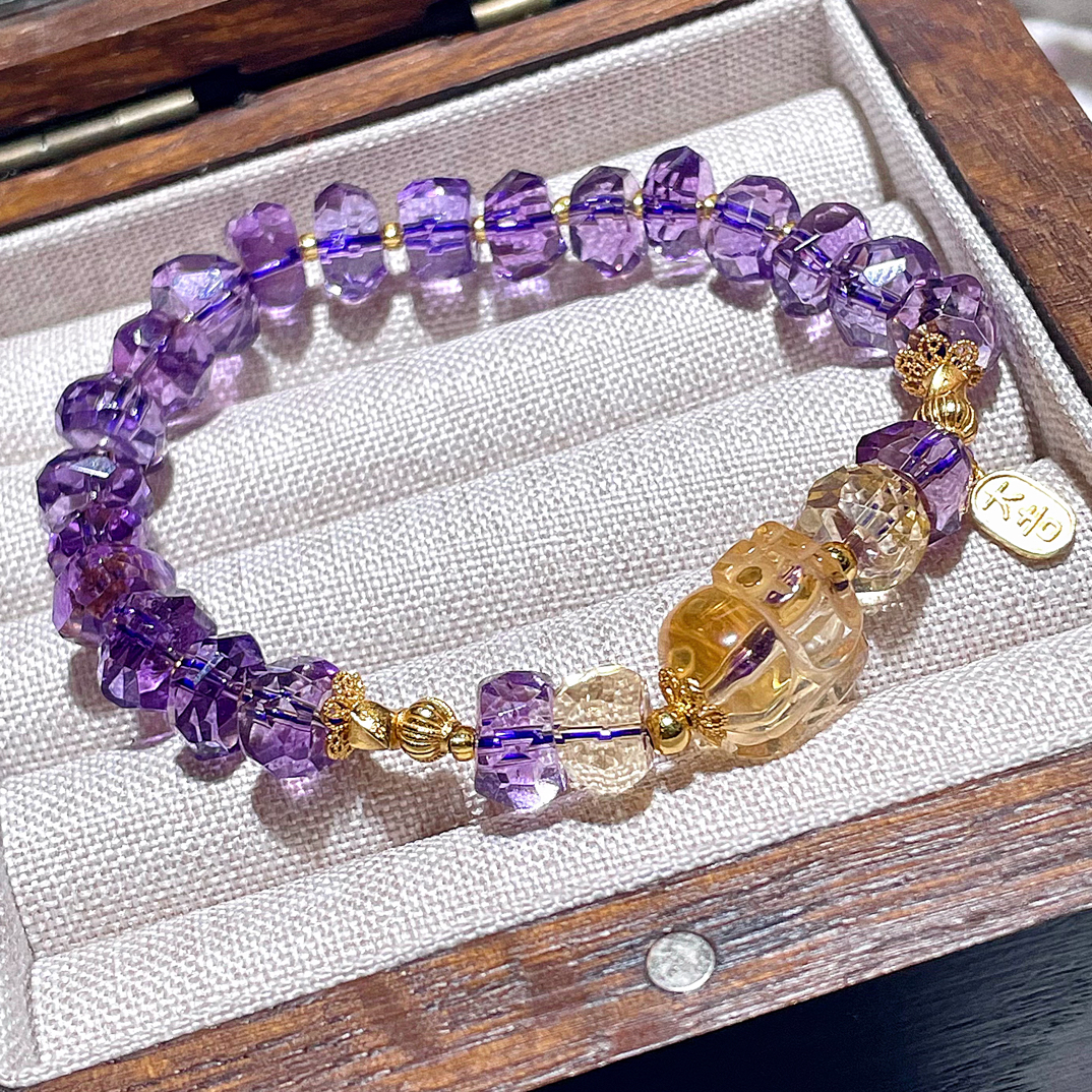 「紫荆之巅」乌拉圭切面紫水晶手串轻奢女士送礼黄水晶貔貅手链