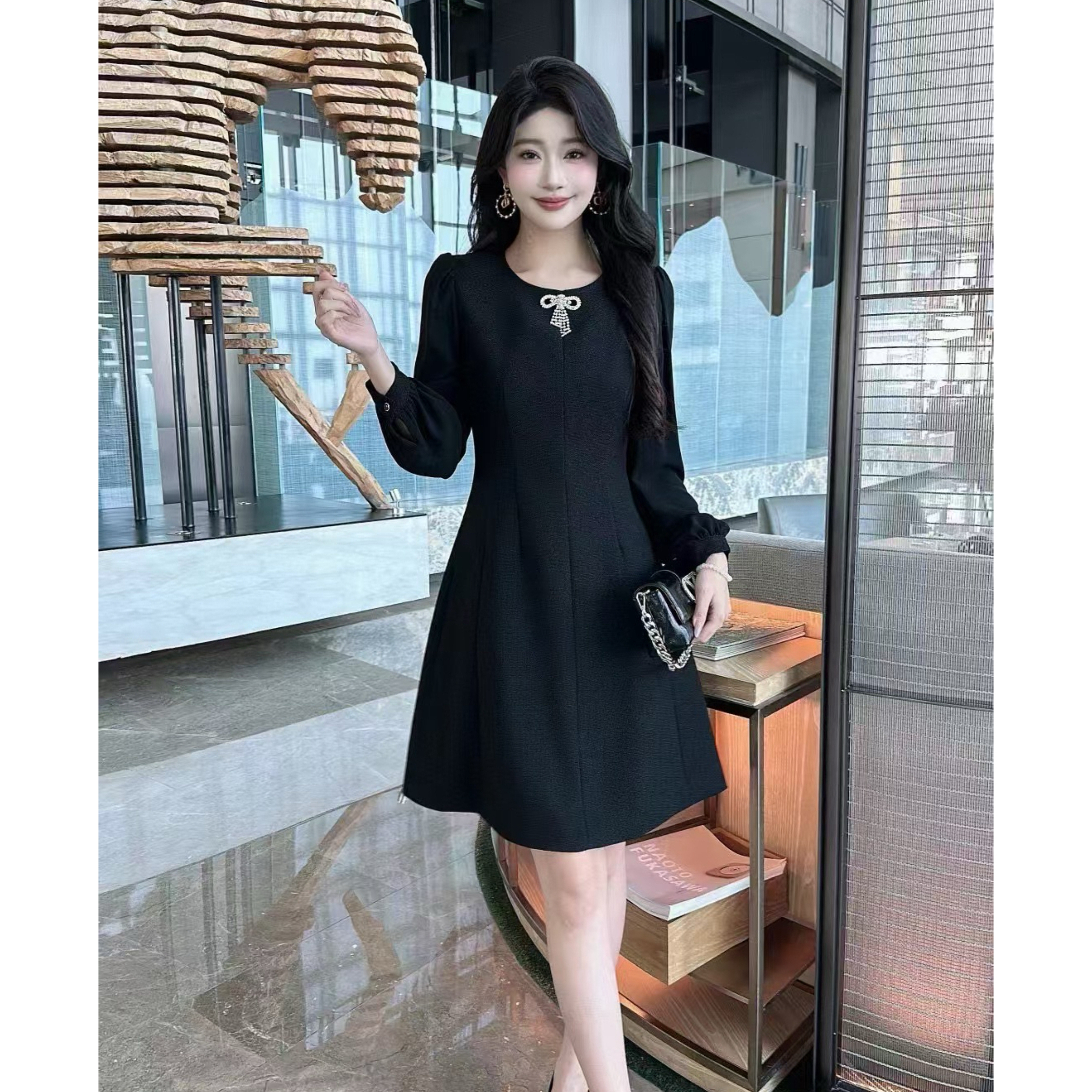 秋季新款简约收腰显瘦粗花呢长袖气质连衣裙SH237