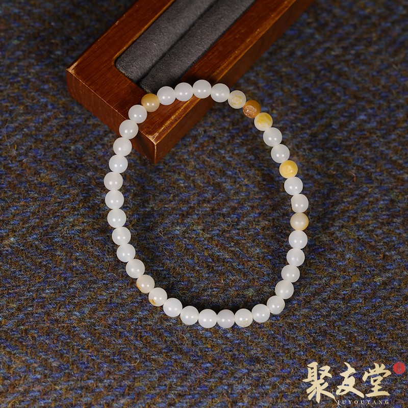 聚友堂王伟玉雕5.2mm新疆和田玉籽料白玉圆珠手链洒金皮手串647