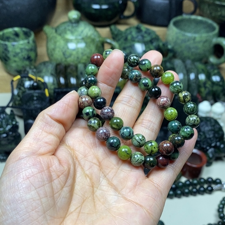 《***》蛇纹石玉未镶嵌项链药王石8毫米多宝5串
