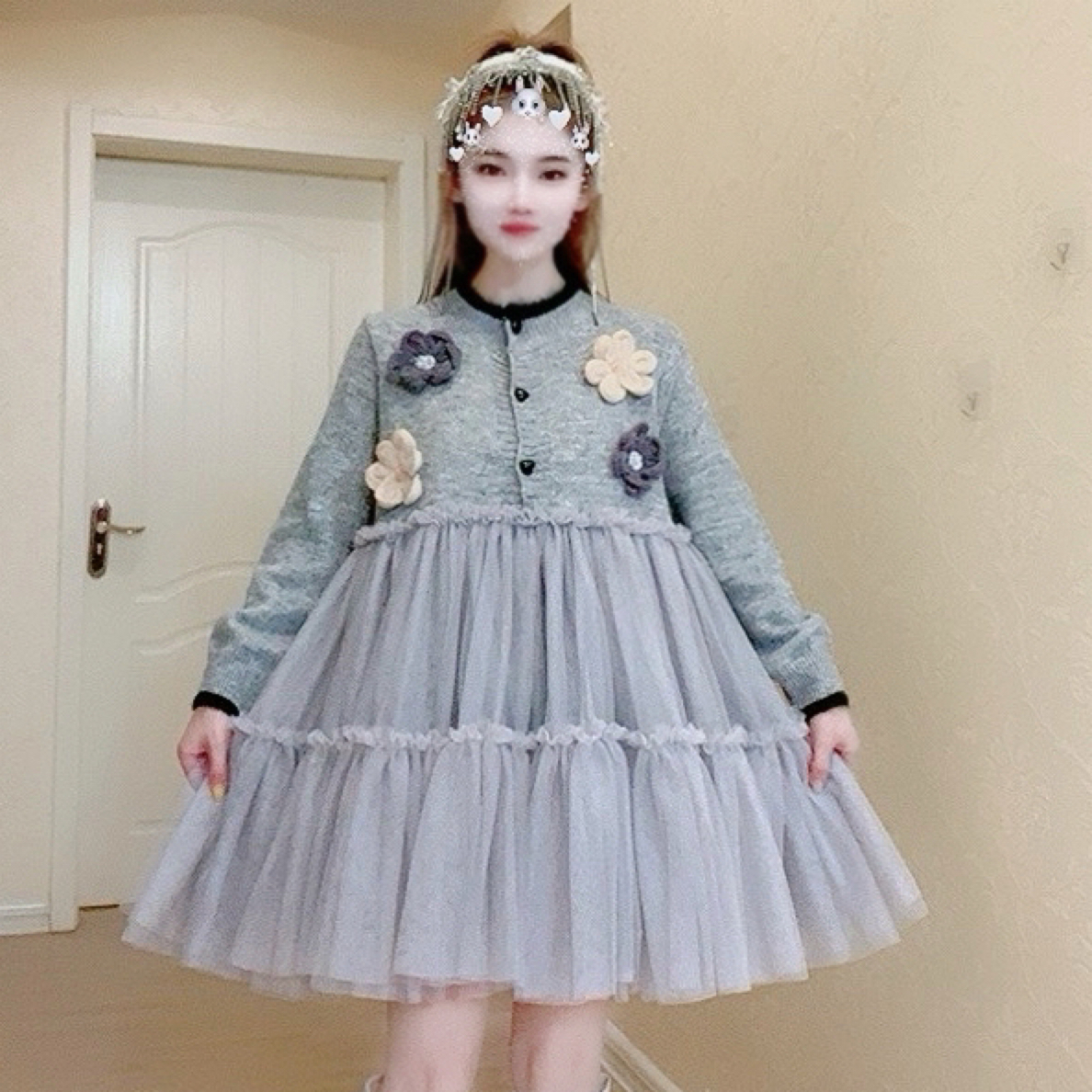【面条家】5370#高品质纱纱拼接立体花朵开衫外套毛衣连衣裙