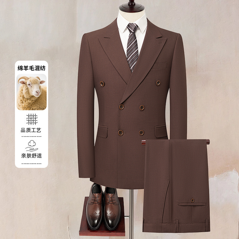 【羊毛双排扣】男士西服套装婚礼职业装礼服微弹舒适三件套韩版修身
