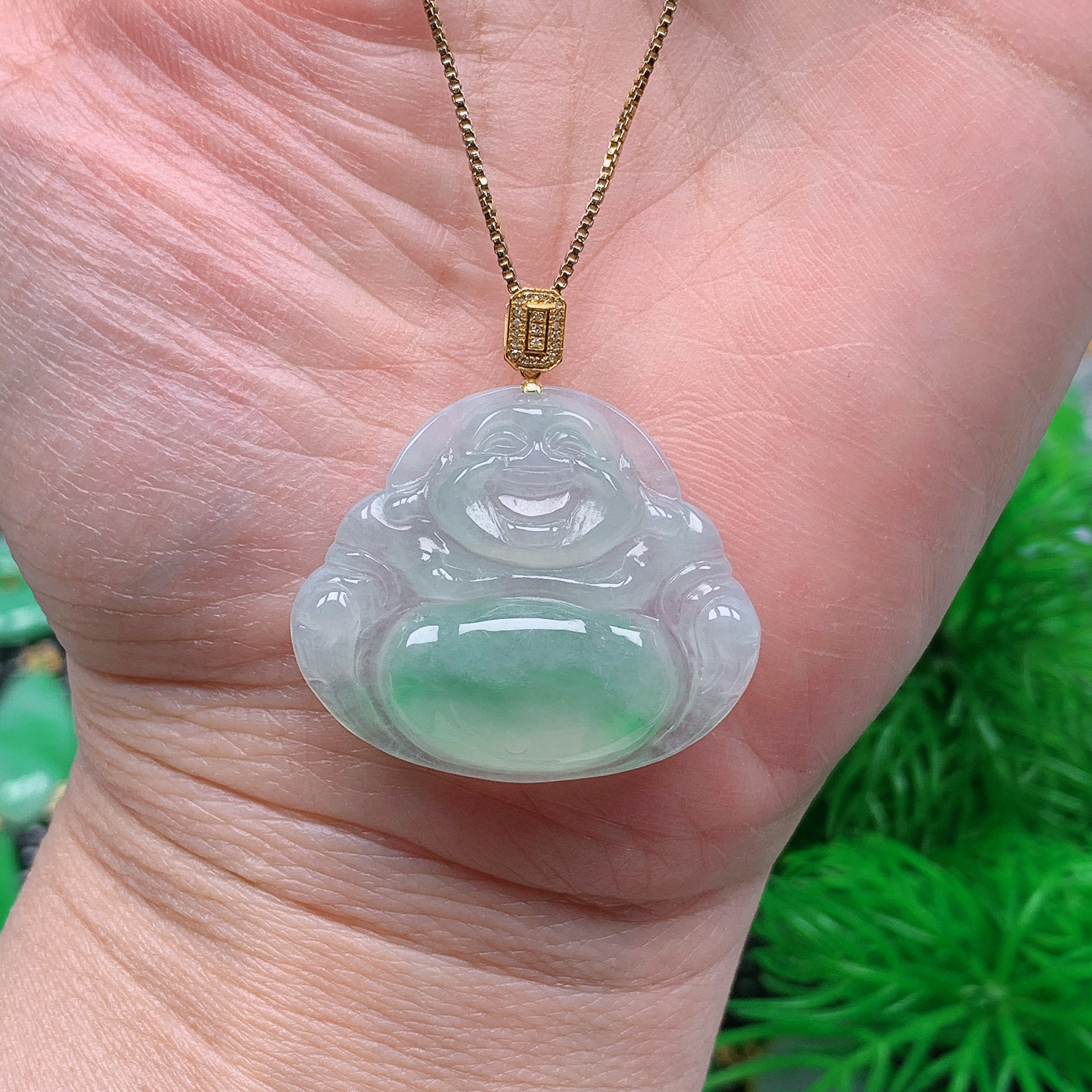 缅甸天然翡翠A货 18k金镶飘花佛公吊坠01尺寸26x30.8x5.5