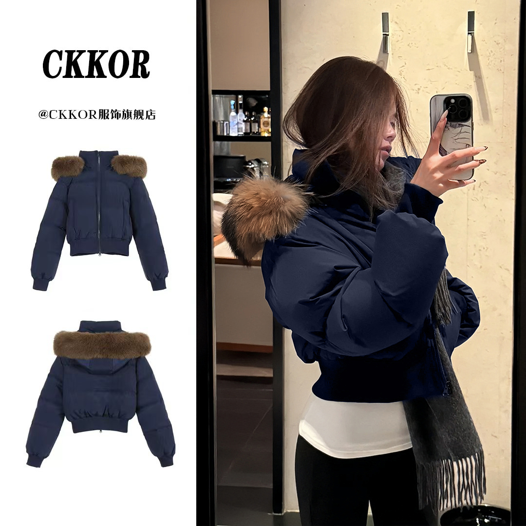 CKKOR冬季新款潮牌小众毛领连帽收腰加厚棉服外套短款时尚设计女 