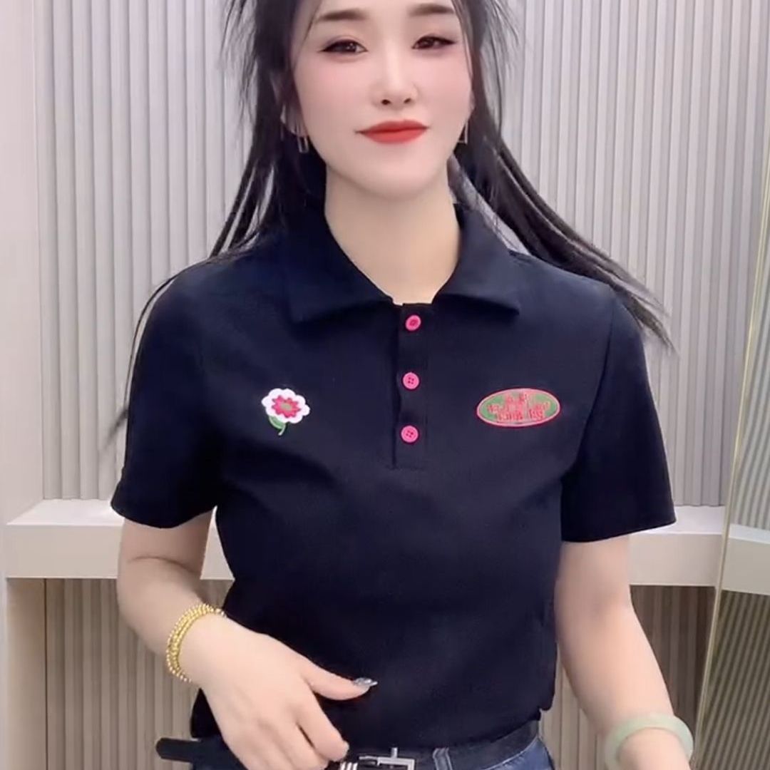 大码欧货复古绣花设计感polo领短袖t恤女夏新款小众修身百搭上衣
