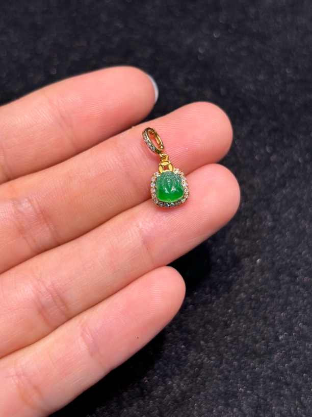 天然缅甸翡翠A货18k金镶嵌冰绿貔貅万能扣提溜吊坠