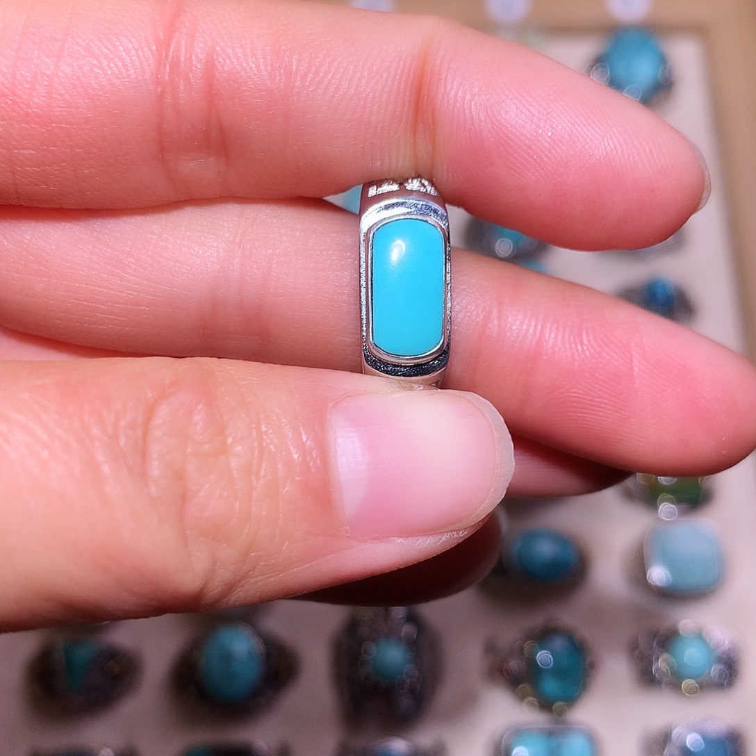 《***军绿松石银S925镶嵌戒指