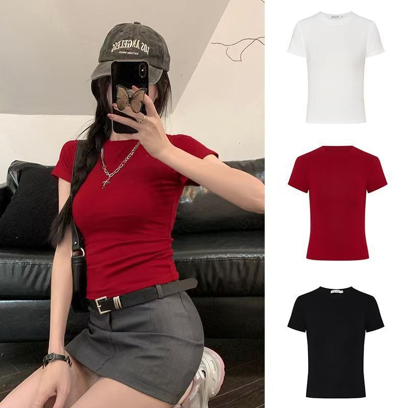 女装修身短袖T恤夏季显身材韩版高弹掐腰正肩显瘦红色外贸上衣