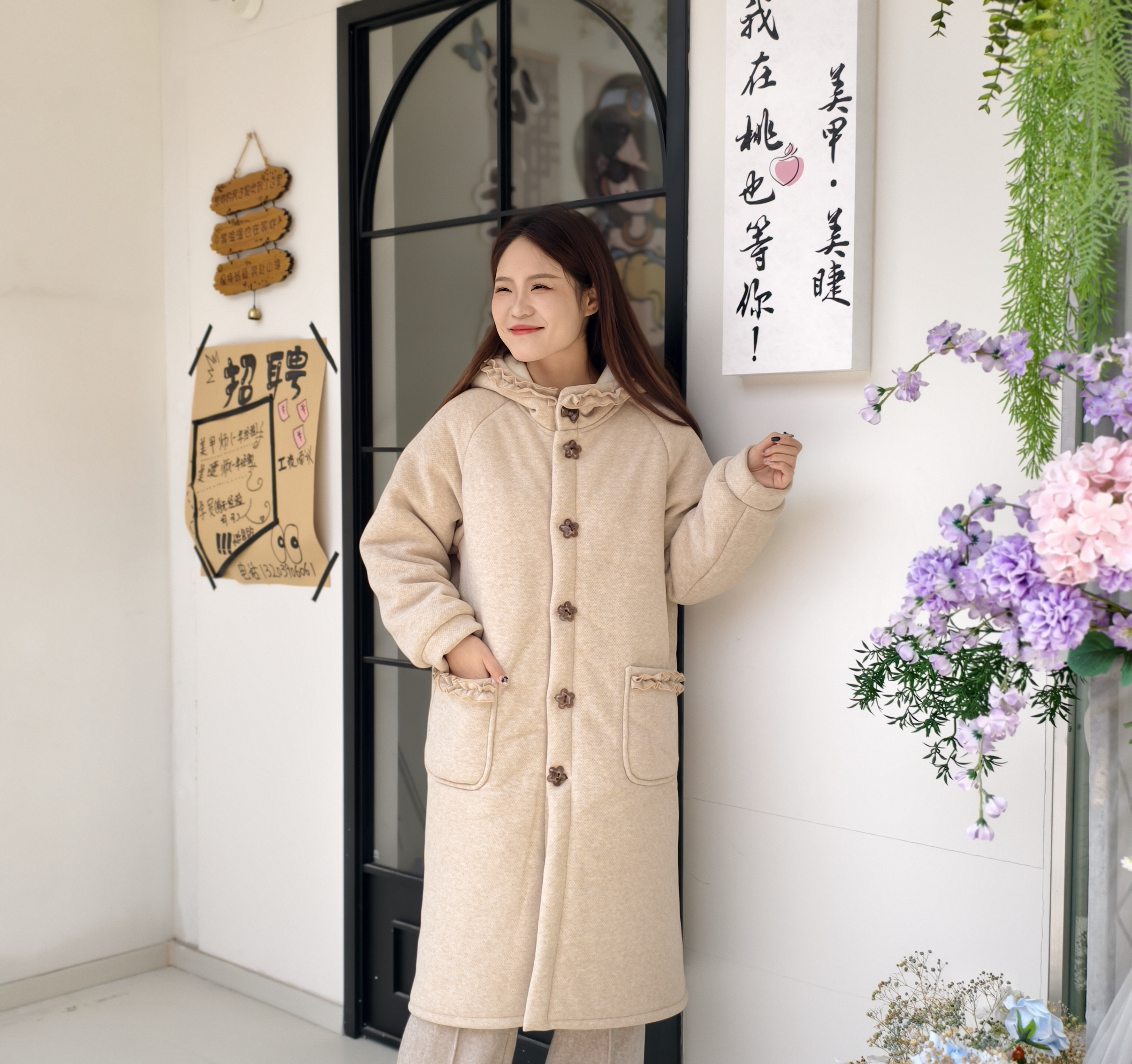 连帽花边3层加厚可外穿睡衣大扣子宽松冬季长款巨厚毛呢女大衣