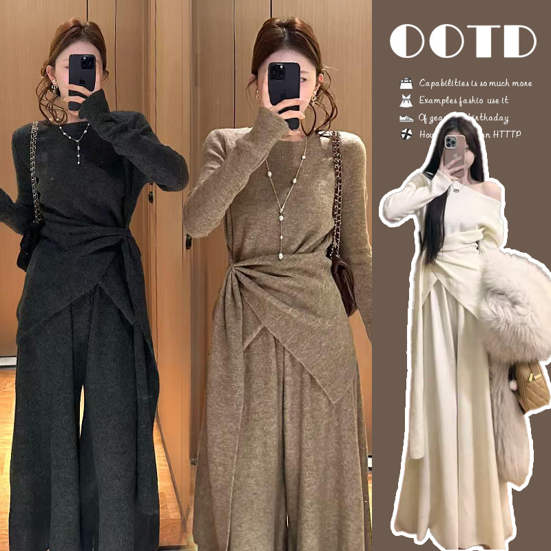 2025秋冬休闲时尚甜美套装秋季开叉上衣裤子套装设计感洋气孕妇装