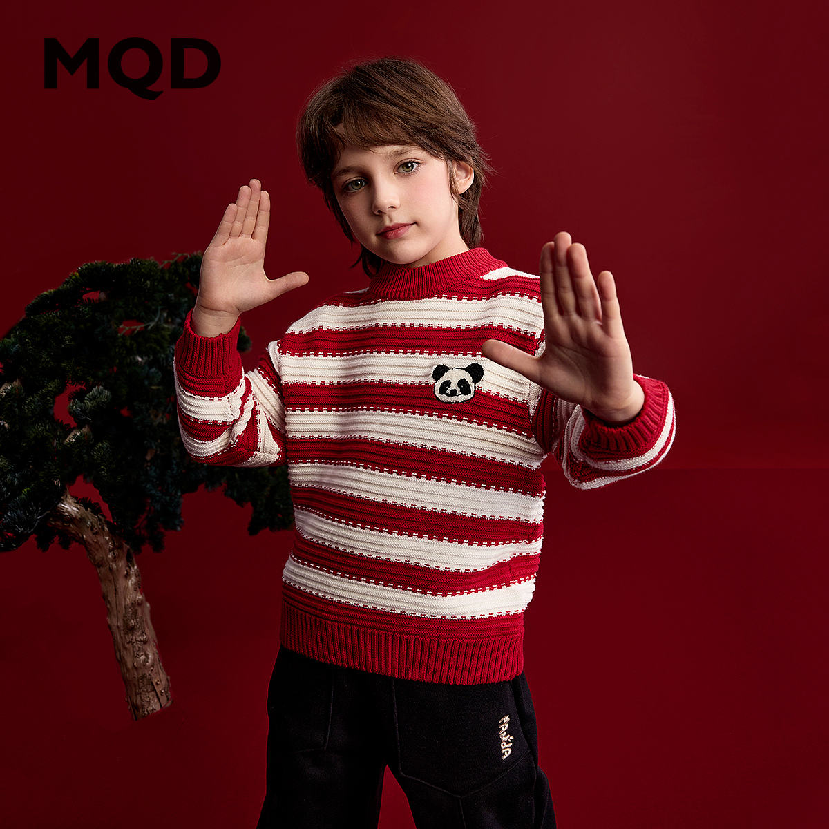 MQD童装男童红色毛衣儿童针织衫冬装条纹保暖新年毛衣944440709