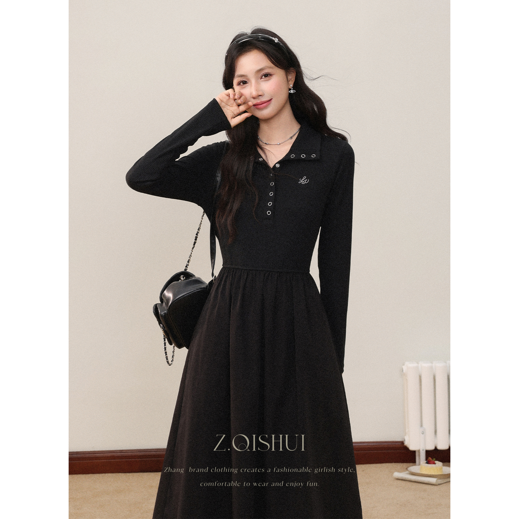 张汽水气质长裙长袖设计感收腰长款修身拼接灰色连衣裙Z17511