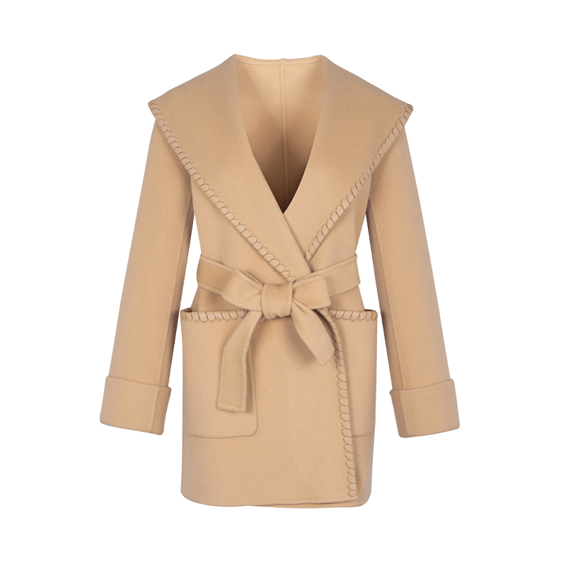 【直播专享】商场同款皮料镶边大翻领设计大衣N2110B34007