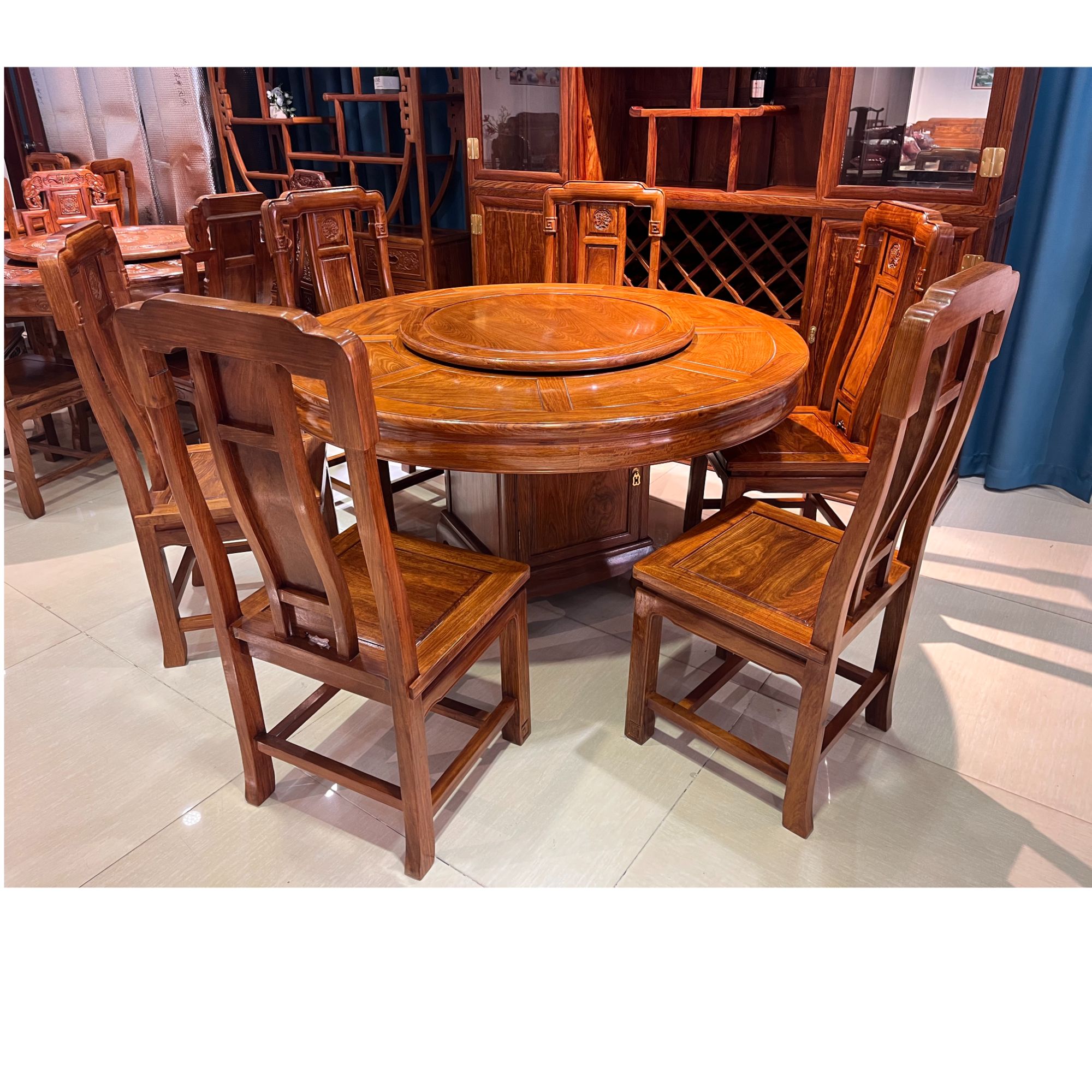 刺猬ZT1.38m素面圆台配8椅家用餐桌餐厅吃饭桌古典