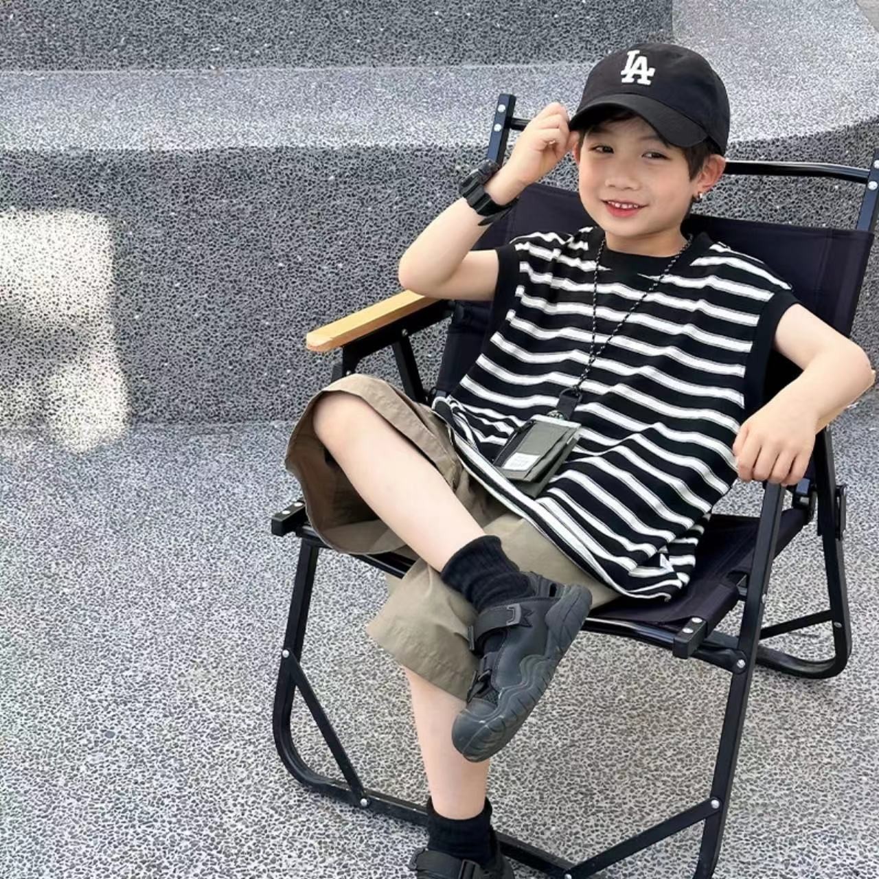儿童背心套装男童背心2025夏季条纹无袖男童工装短裤中大童韩版潮