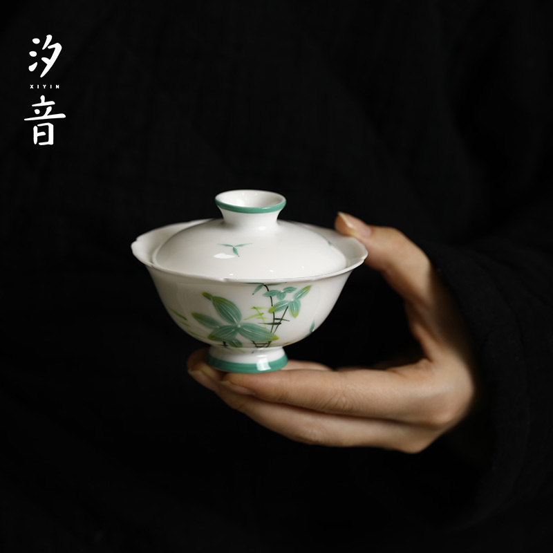 汐音 手绘茨菇白瓷花边口二才盖碗高颜值陶瓷功夫茶具泡茶碗