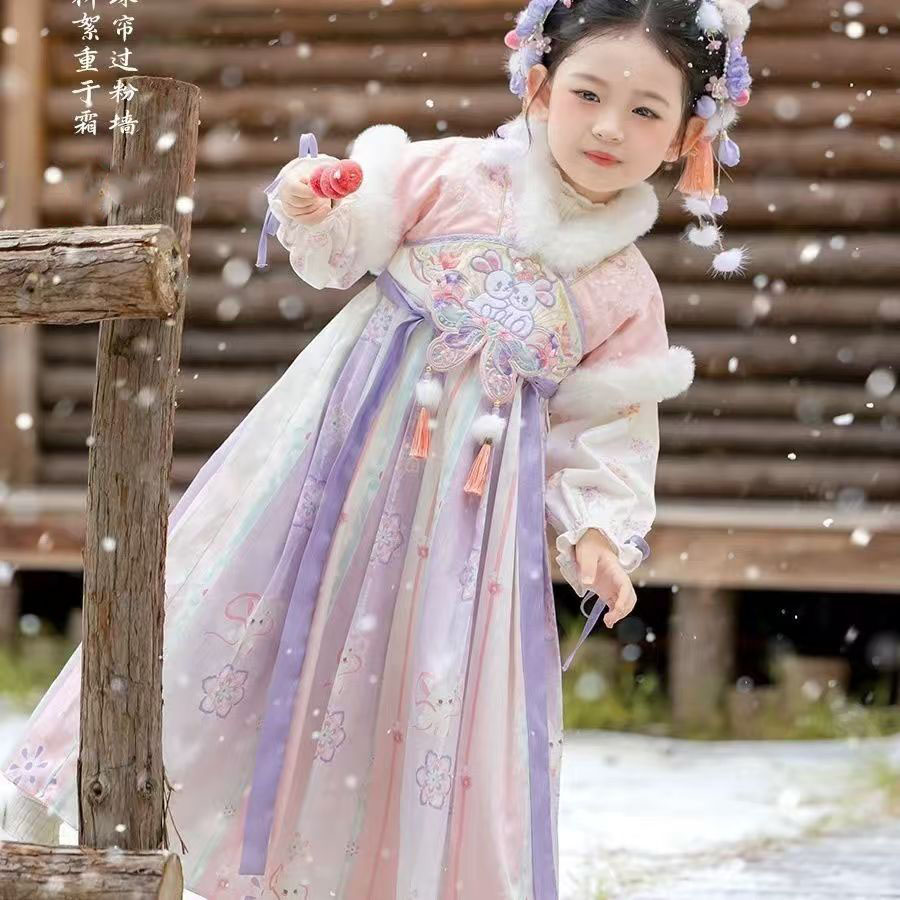 【绒绒兔】新款秋冬汉服女童2025新款古风连衣裙中式裙粉紫色襦裙