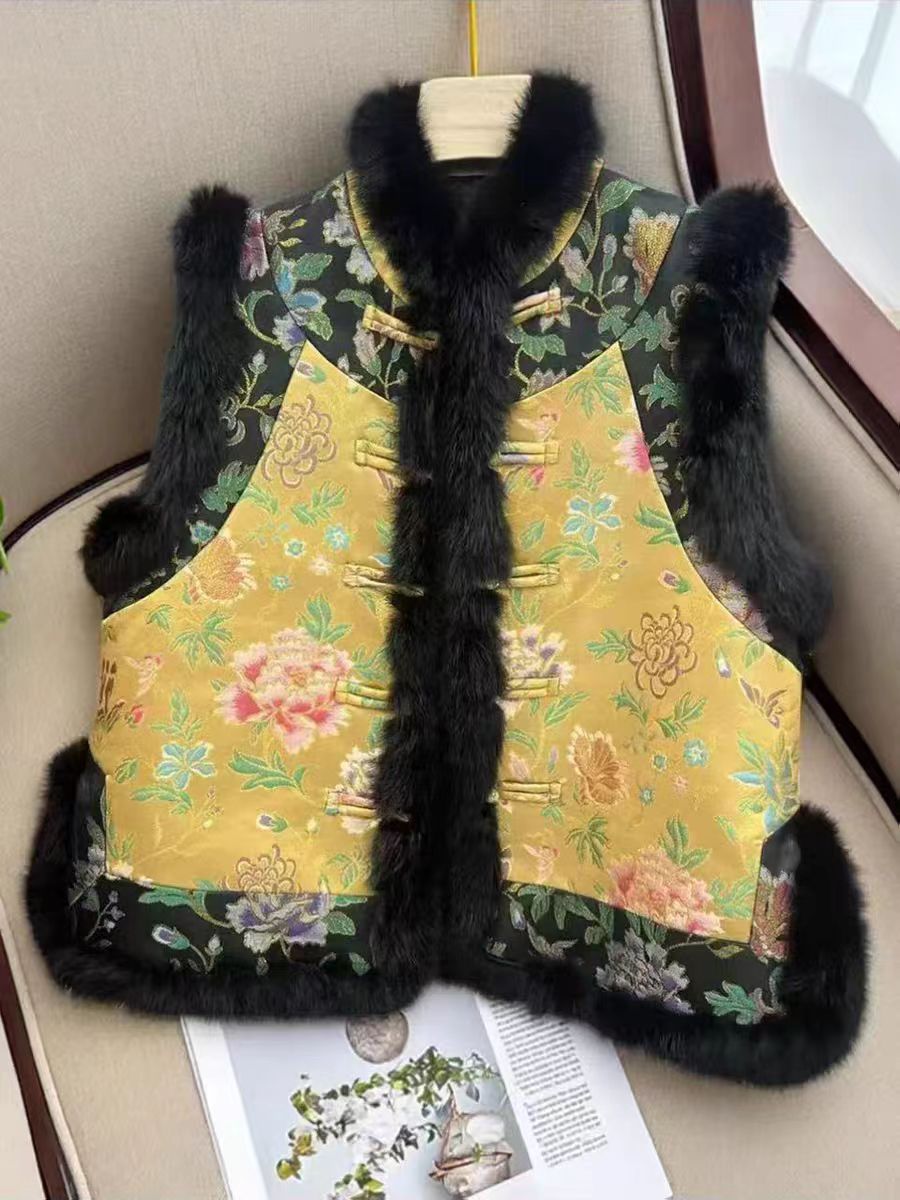 圆领兔毛刺绣拼接民族风工字型款马夹国风复古冬款兔毛马甲冬季