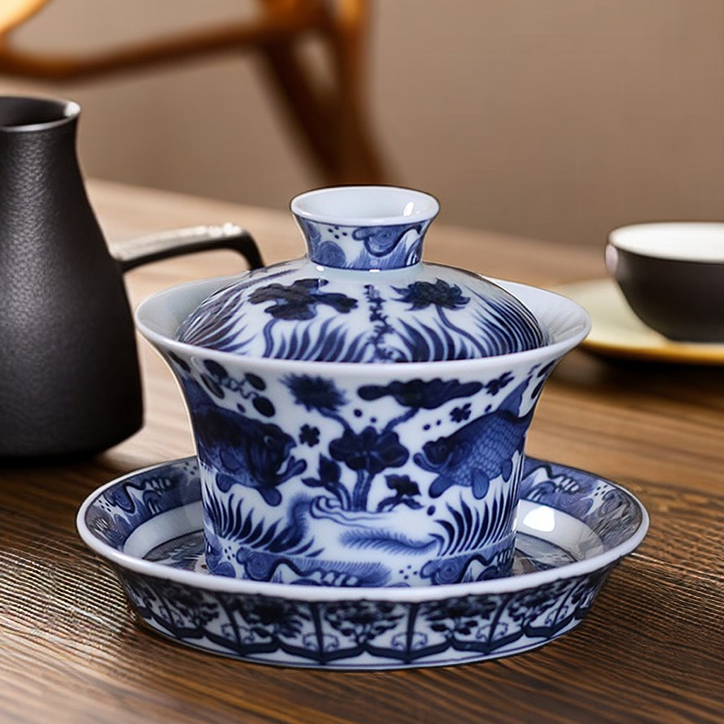 景德镇青花鱼藻纹马蹄盖碗大号防烫三才泡茶杯茶具功夫茶盖置单个