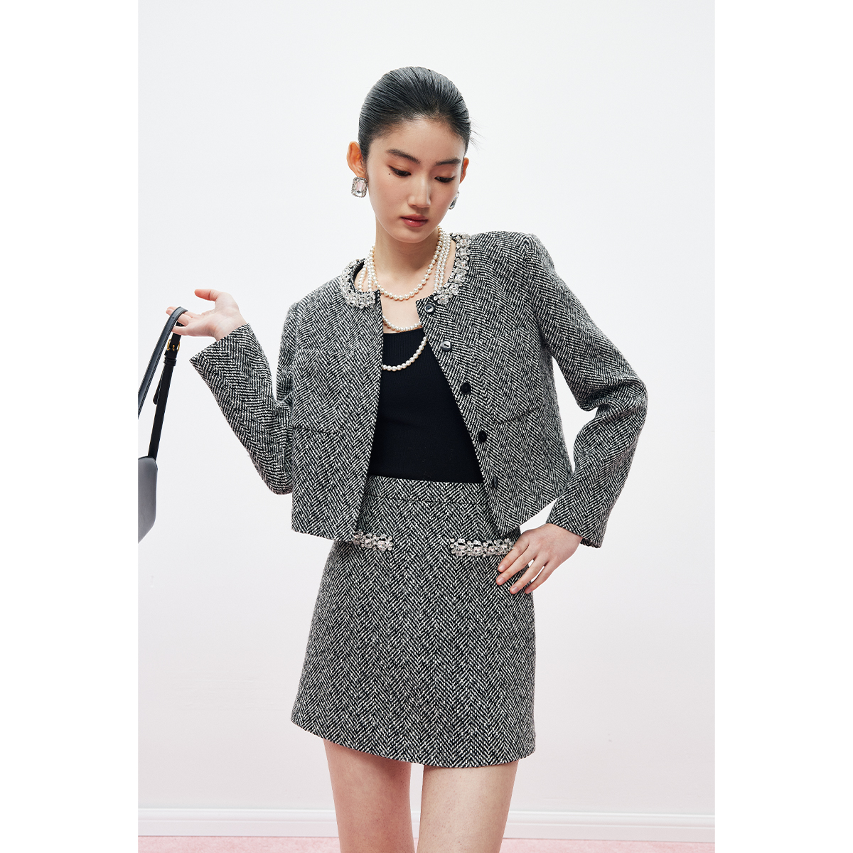【达人专属】MandyZhang手工气质名媛人字纹外套半身裙WT0619