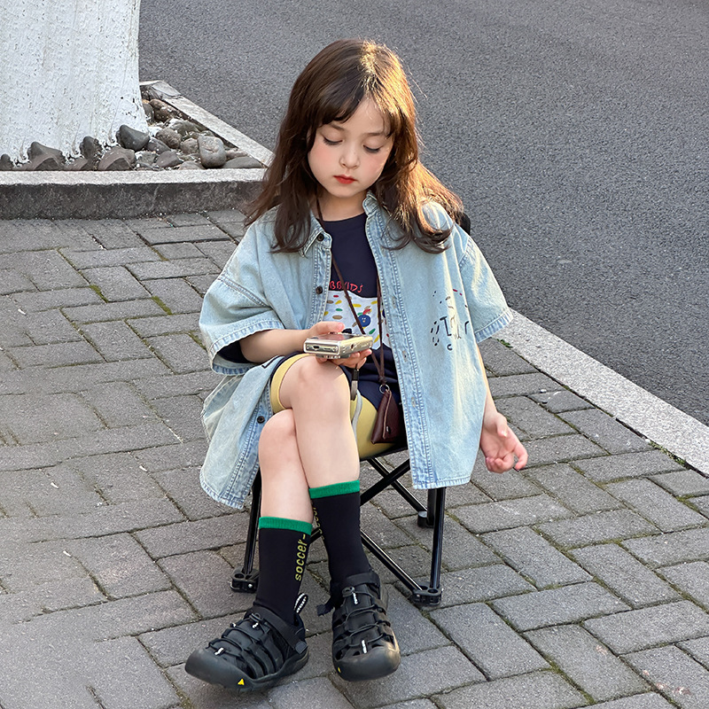 【现货清】儿童水洗牛仔衬衫女童宽松短袖衬衣童装25B039