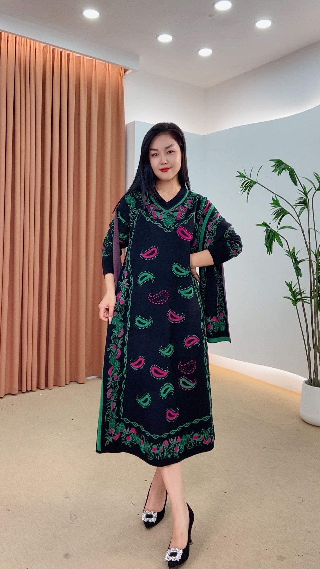 750秋冬季时尚针织提花长袖长款百搭连衣裙显瘦妈妈装