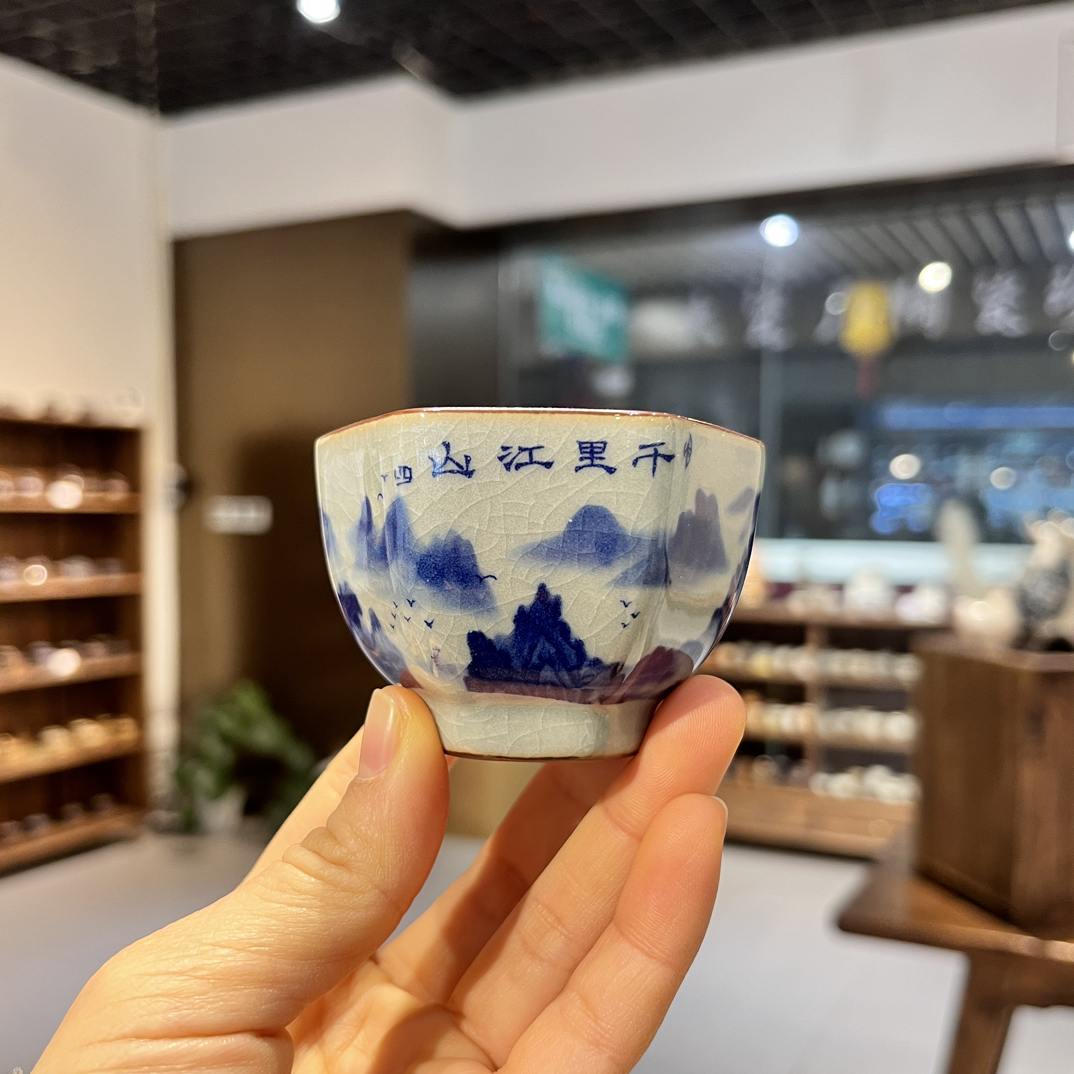 客杯-千里江山高档品茗杯陶瓷六方杯主人杯容量约60