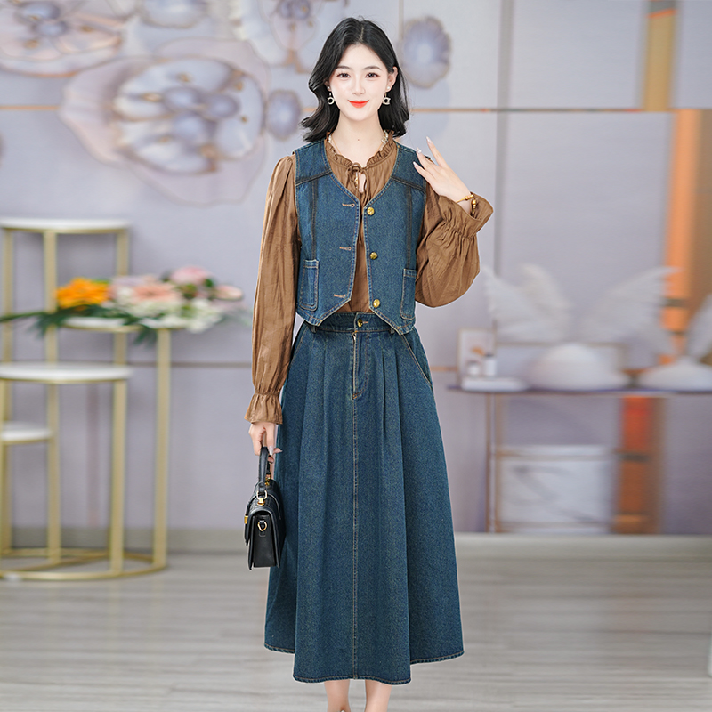 春季牛仔套裙女新款牛仔马甲套装时尚显瘦牛仔两件套