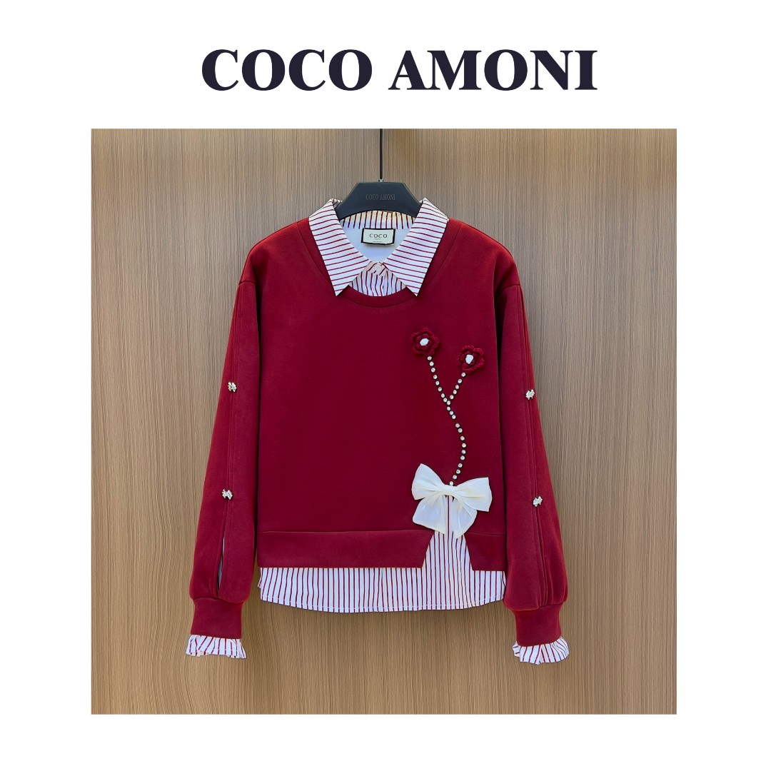 秋冬季高级感原创新款女装拼接重工蝴蝶结设计显瘦气质卫衣ZD263