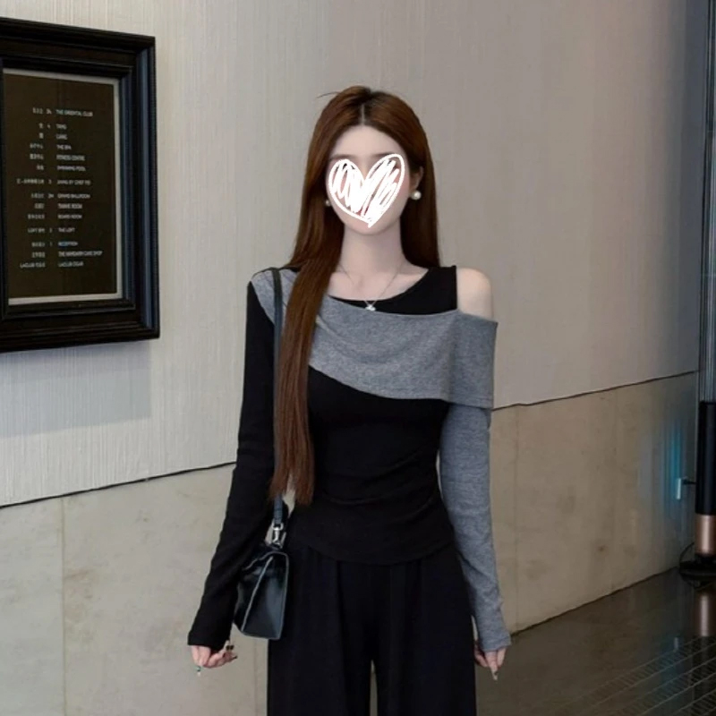 时尚洋气露肩长袖T恤女装秋冬季修身显瘦内搭加绒加厚打底衫上衣