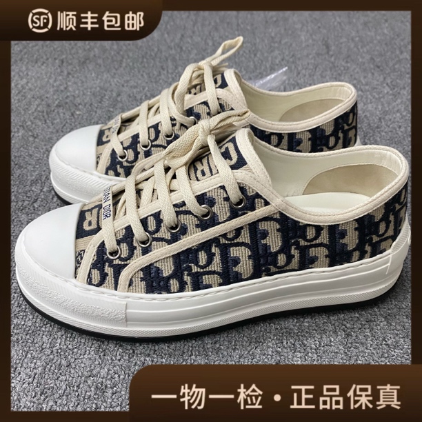 99新 DIOR/迪奥 99新/37码/藏蓝色老花刺绣厚底帆布鞋/BF01782