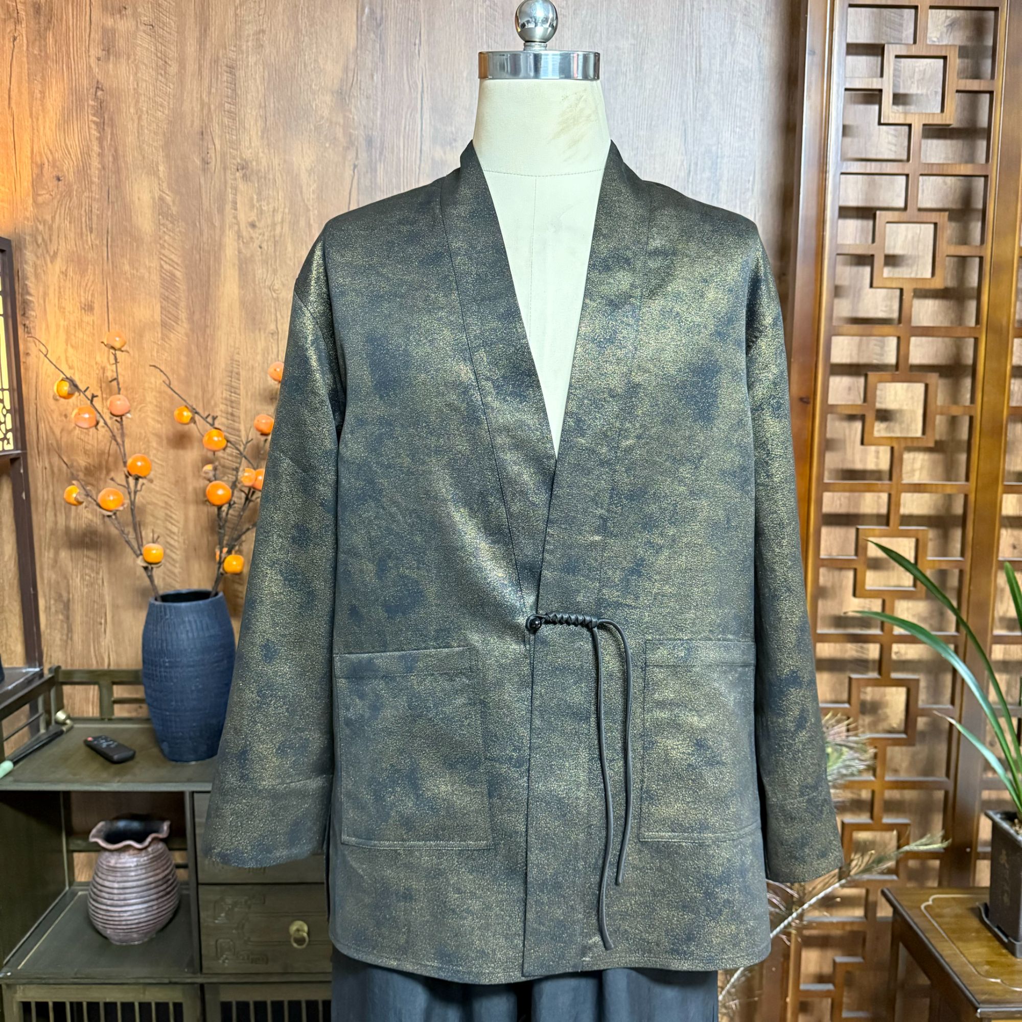 2025新款 香云纱烫金汉服外套男式新款长袖 新中式男装上衣复古